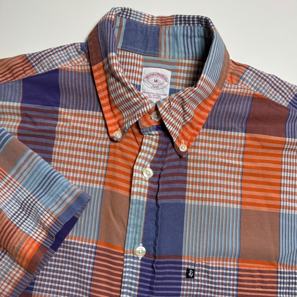 Brooks Brothers Orange Blue Plaid Mens M Short Sleeve Button Down CasualShirt